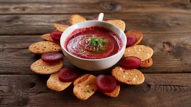 A white bowl holds vibrant beetroot soup surrounded by crackers. The scene is visually appealing, with crackers and beet slices arranged neatly around the bowl.