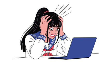 Distressed teenage schoolgirl in a sailor uniform crying and clutching her head in frustration while looking at a laptop computer.