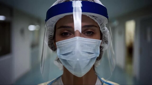 Female nurse wearing protective face mask and shield standing in a hospital corridor. Doctor in medical gear looking at camera during pandemic. Healthcare professional portrait