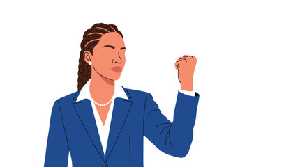 Determined woman with braided hair wearing a blue business suit and white shirt raising her fist in a symbol of empowerment.