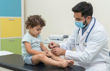 Pediatrician Examines Young Child's Knee in Clinic Setting, Physician Wearing Mask, Medical Checkup, Healthcare Concept