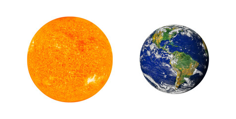 Sun And Earth Globe IsoSun and Earth globe isolated on white background. Satellite view of planet and star in solar system showing Americas. Elements of this image furnished by NASA. © gizemg
