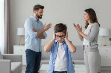 Obraz premium Stressed Boy Covering Ears During Parents Argument, Representing Family Conflict, Divorce Impact, and Childhood Stress