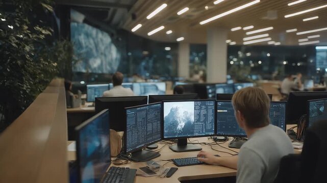 A futuristic office filled with cutting-edge technology gadgets like interactive displays, robotics, and advanced tablets, showcasing the future of workspace efficiency and collaborative