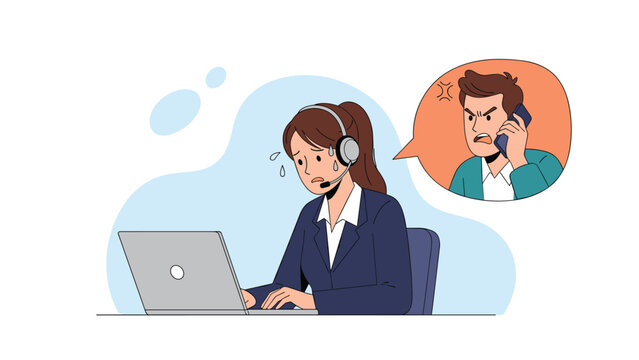 Stressed female customer support agent wearing headset working at laptop while listening to angry male customer on phone.