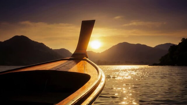 Close-up of a traditional long-tail wooden boat swaying on waves at sunset. Silhouette of a Thai vessel against golden water and mountains. Tropical travel to Thailand concept