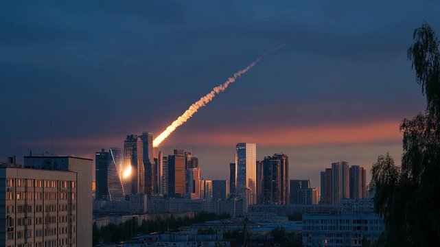 A futuristic city skyline witnesses a comet strike in the distance, with vibrant colors radiating from the explosion, highlighting the tension between urban life and the unpredictable forces of