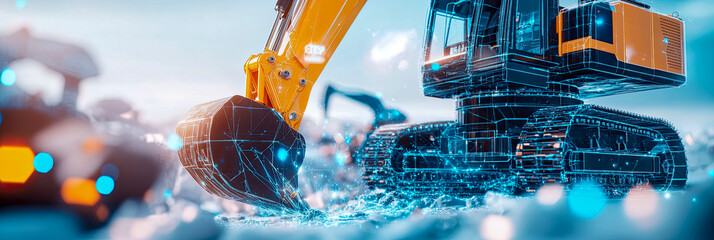 Cutting-Edge Construction: Futuristic Excavator Featuring Digital Wireframe and Glowing Data Network, Illustrating Smart Technology, AI Integration, and Advanced Operations for Modern Building Project