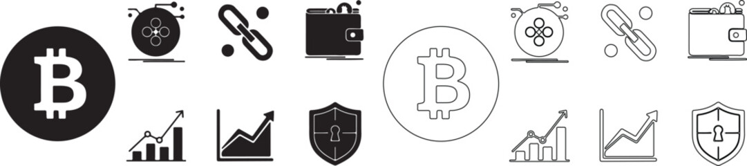 Obraz premium Modern Collection of Black Bitcoin, Cryptocurrency, Finance, and Security Vector Icons in Solid and Outline Style isolated PNG with Transparent Background