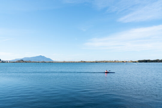 A Kayak crosses Lake Fusaro near Bacoli, Campi Flegrei