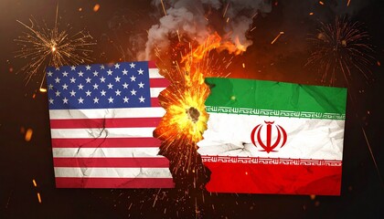 USA and Iran flags split with fire and smoke.