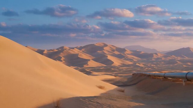 Harsh climate engineering is showcased by a pipeline in desert, built to withstand sand, temperature extremes, and long distance transport challenges. cinematic color correction, natural uneven