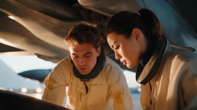 In an aerospace facility, specialists conduct inspections while monitoring sensor feedback from a jet powered engine under controlled conditions. cinematic color correction, natural uneven lighting