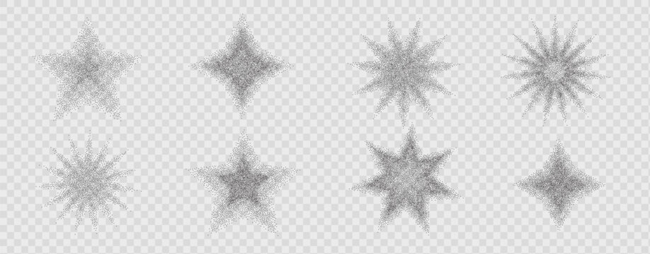 Starburst graphic gradient spray effects. Dotted halftone grainy noise blinks. Stipple sparks and shimmering black elements. Vector dotworks grit shapes illustration isolated on transparent background