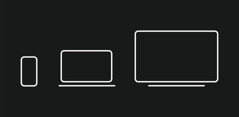 Minimal device outline icons. Smartphone tablet laptop and desktop screens illustration. Responsive design adaptability mock up for modern digital products web applications. Mockup editable stroke