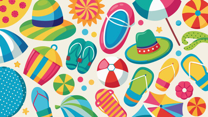 Vibrant collection of summer-themed beach and pool accessories in colorful patterns Vector