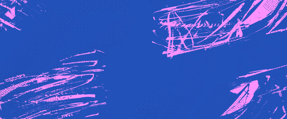 Grunge background featuring rough pink brush textures, splatter elements, and vibrant paint strokes ideal for modern fitness posters and energetic street art composition. Vector blue grit textured bg. © Syuzann q