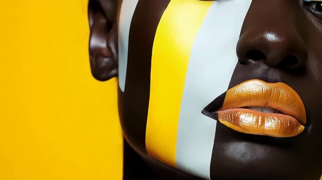 A model shows off bright face makeup with yellow and white patterns. This creative session highlights bold choices in color and design.