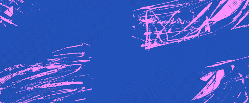 Grunge background featuring rough pink brush textures, splatter elements, and vibrant paint strokes ideal for modern fitness posters and energetic street art composition. Vector blue grit textured bg.