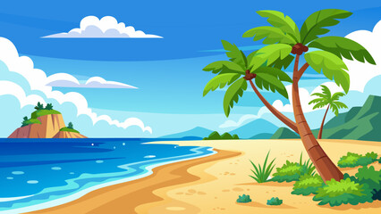Tranquil beach scene with palm trees under a clear blue sky and calm ocean waves. Vector