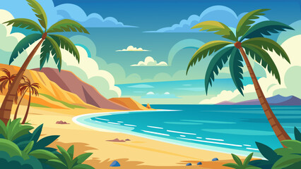 Tranquil tropical beach scene with palm trees and golden sand under a bright sky Vector