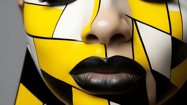 A person has their face painted with bold black and yellow shapes in a studio. The work focuses on geometric patterns and details of the lips.