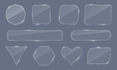 Transparent glass UI frames vector set with geometric shapes, modern glassmorphism interface elements, clear glossy panels for mobile apps, web design, dashboards and digital layouts