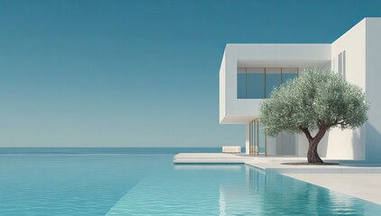 Fototapeta premium White minimalist building with infinity pool and olive tree