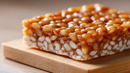 Close-up of a Traditional Peanut and Sesame Seed Brittle on a Wooden Board
