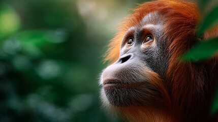 Obraz premium Close-up of a Thoughtful Orangutan Staring into the Distance in a Lush Green Jungle