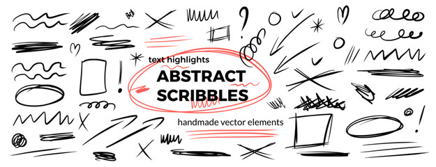 Fototapeta premium Abstract scribbles text highlights. Hand-drawn messy ink pen doodles. Geometric, naive expressive scratches set. Lines, circles, crosshatching, spontaneously underlines. Vector arrow, frames isolated.