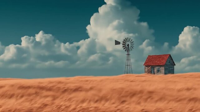Animated rural landscape with windmill and cottage under a cloudy sky