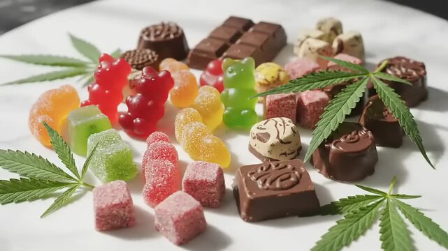 Cannabis Edibles Chocolate Gummies Marijuana Leaves.