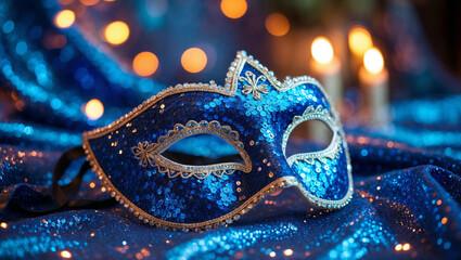 blue Venetian mask with over glitter background