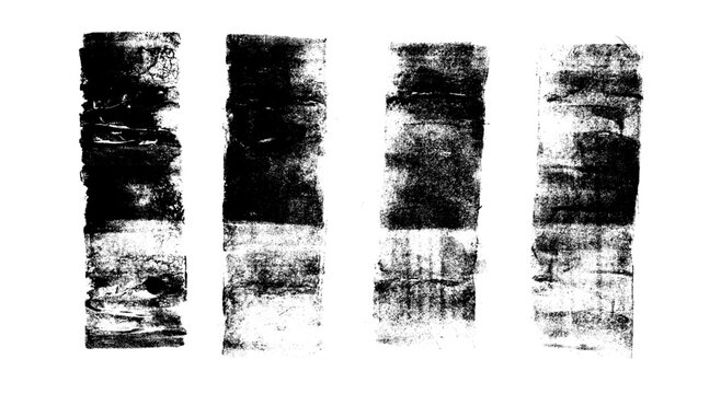 Black ink roller textured paint strokes with grunge rough edges. Distressed brush lines form linocut frames. Printmaking designs label. Vector ruined streaks illustration isolated no background.