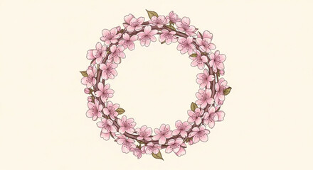 Beautiful pink cherry blossom floral wreath on cream background for spring decoration and easter celebration