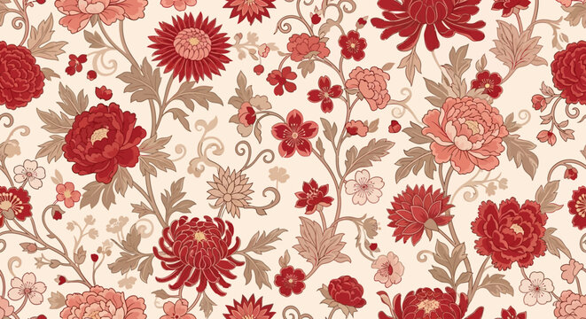 Floral Pattern with Red Flowers and Leaves.