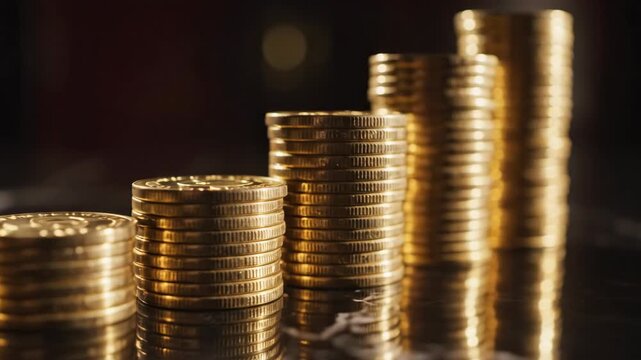 Gold coin stack bar chart symbolizing financial success and economic growth. visual metaphor for wealth accumulation, investment profit, and prosperous market future
