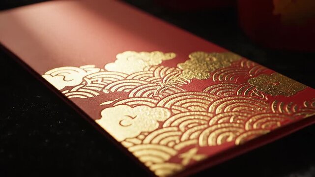Close-up of a red envelope with gold designs on a dark surface