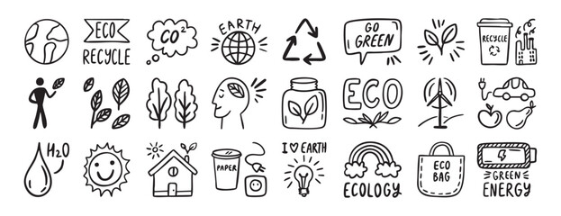 Fototapeta premium Monochrome eco icons set collection doodle hand drawn icon. Outline drawing ecology line clipart symbol.