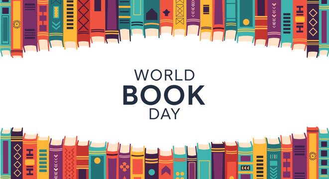World book day banner with colorful book spines creating a top and bottom border around the central text on a white background.