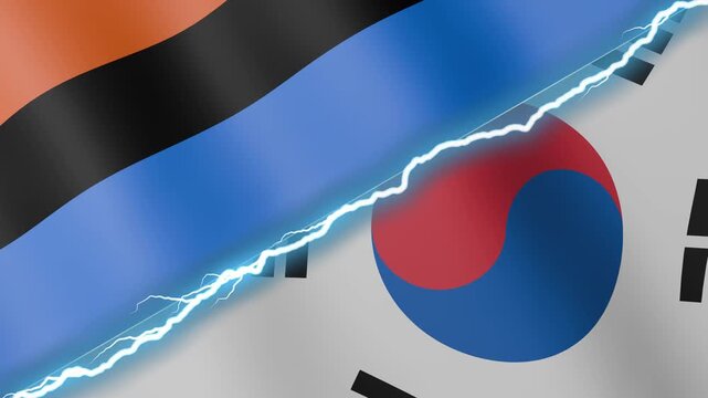 Two waving flags Chagos Islands and South Korea with diagonal lightning seamless, 4k loop