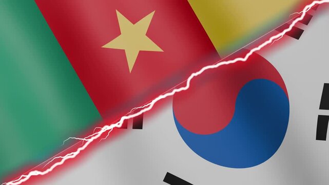 Two waving flags Cameroon and South Korea with diagonal lightning seamless, 4k loop