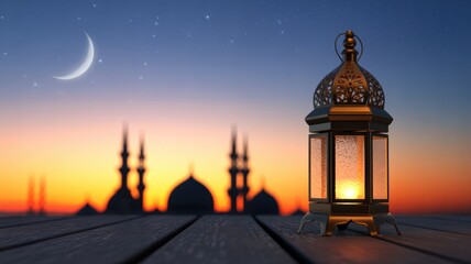 Obraz premium Ramadan Evening Scene with a Lit Lantern and Mosque Silhouettes Against a Starry Sunset Sky Ramadan special Ramadan Mubarak