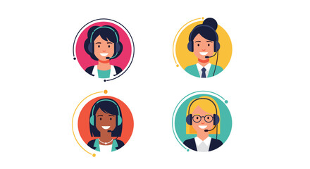 Fototapeta premium Set of four avatars featuring diverse female customer service agents with headsets smiling in a professional call center concept.