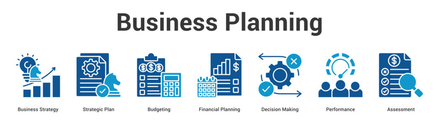 Business Planning web banner icon set vector illustration concept for business with icon of Business Strategy, Strategic Plan, Budgeting, Financial Planning, Decision Maki. © Jackcuan