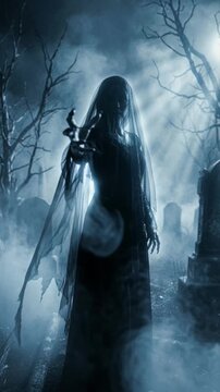 Ghostly silhouette of a woman in a veil walking through a foggy cemetery at night. Spooky female specter reaching out in a haunted forest with blue moonlight. Horror movie concept