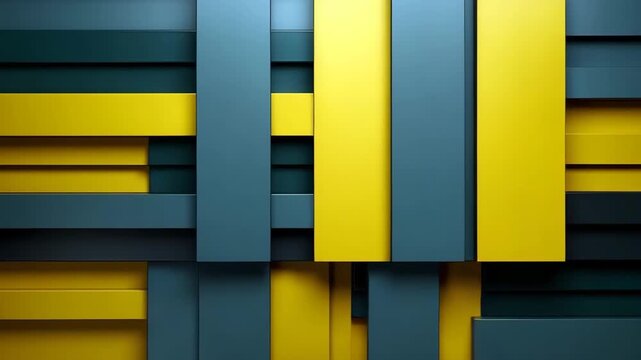Four frames show a mix of blue and yellow shapes with lines and blocks. The shapes connect and overlap in various arrangements.