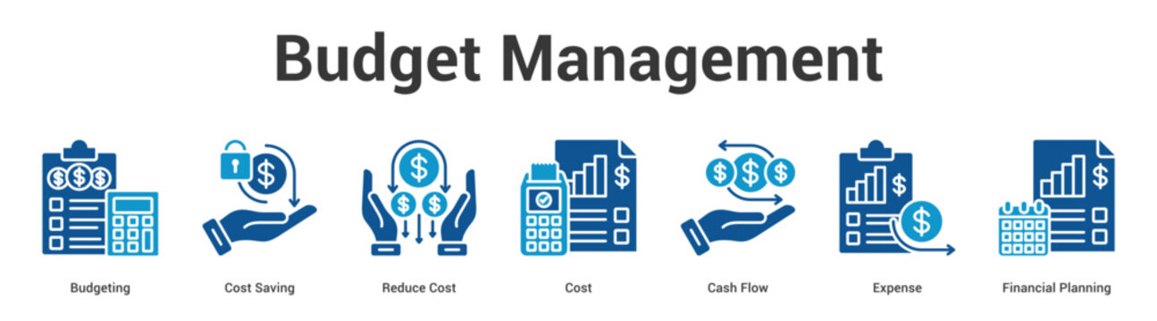 Budget Management web banner icon set vector illustration concept for business with icon of Budgeting, Cost Saving, Reduce Cost, Cost, Cash Flow, Expen.