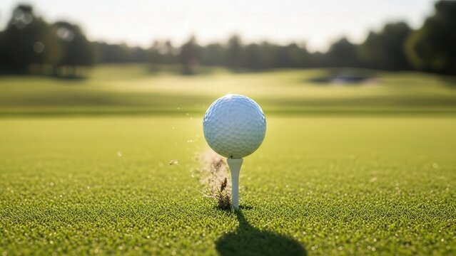 Close-Up of a Golf Ball Hitting the Green with a Golf Tee on a Sunny Day